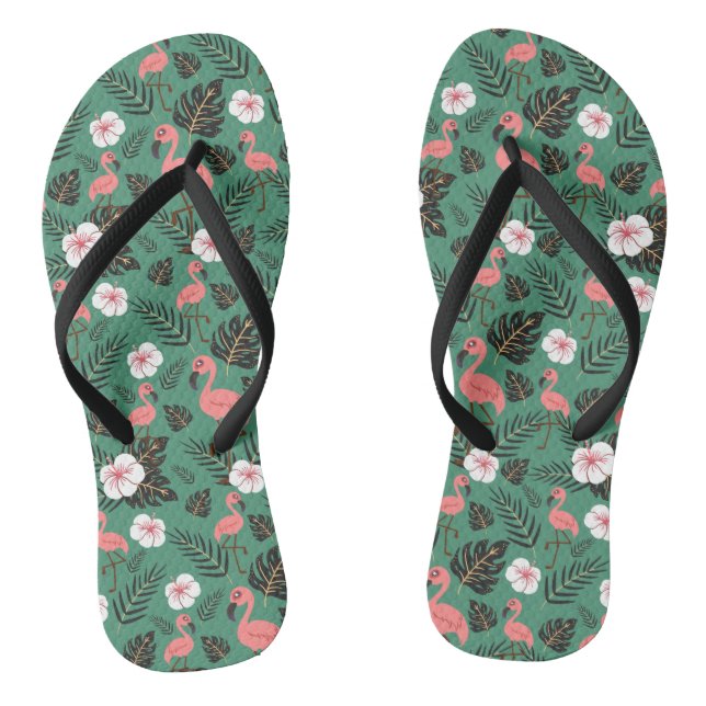 Flamingo seamless pattern pink on green background jandals (Footbed)