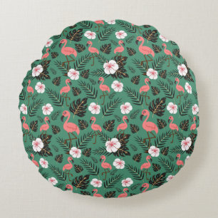 Flamingo seamless pattern pink on green background round cushion