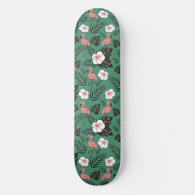 Flamingo seamless pattern pink on green background skateboard (Front)