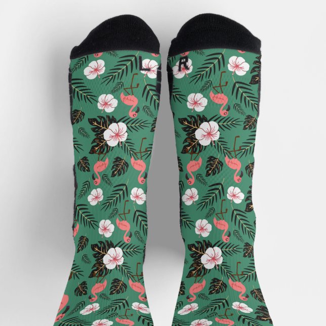 Flamingo seamless pattern pink on green background socks (Top)