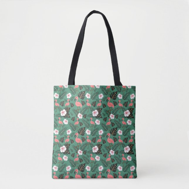 Flamingo seamless pattern pink on green background tote bag (Front)