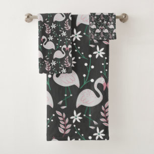 Flamingo seamless pattern white on dark background bath towel set