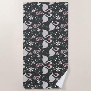 Flamingo seamless pattern white on dark background beach towel