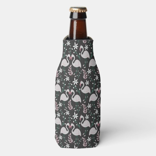 Flamingo seamless pattern white on dark background bottle cooler (Bottle Front)