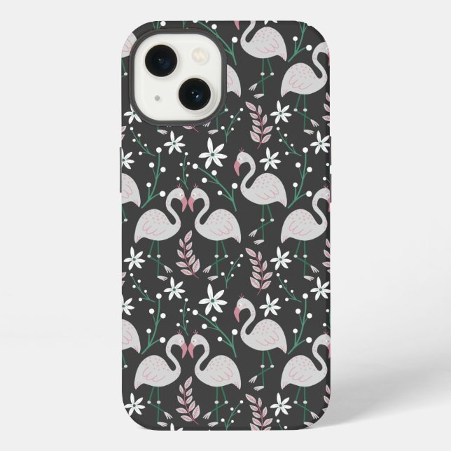 Flamingo seamless pattern white on dark background iPhone case (Back)