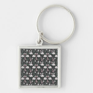 Flamingo seamless pattern white on dark background key ring