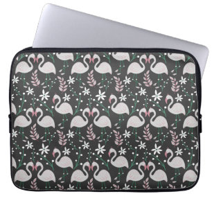 Flamingo seamless pattern white on dark background laptop sleeve