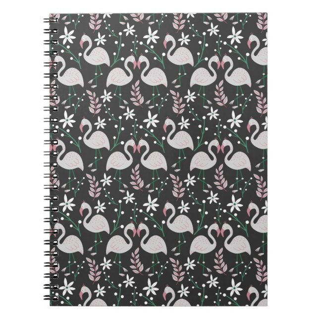 Flamingo seamless pattern white on dark background notebook (Front)