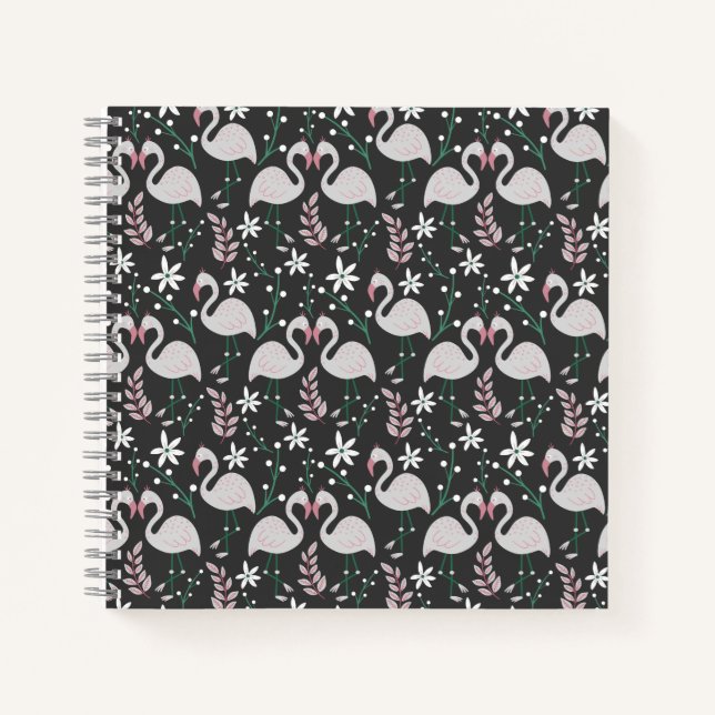 Flamingo seamless pattern white on dark background notebook (Front)