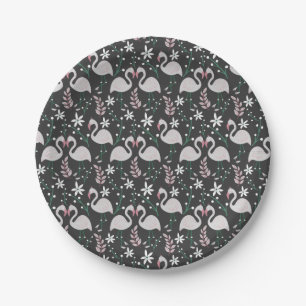 Flamingo seamless pattern white on dark background paper plate