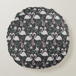 Flamingo seamless pattern white on dark background round cushion