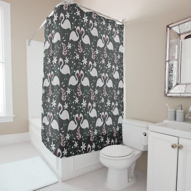 Flamingo seamless pattern white on dark background shower curtain (In Situ)