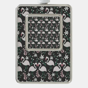 Flamingo seamless pattern white on dark background silver plated framed ornament