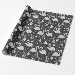 Flamingo seamless pattern white on dark background wrapping paper