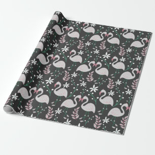 Flamingo seamless pattern white on dark background wrapping paper