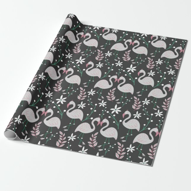Flamingo seamless pattern white on dark background wrapping paper (Unrolled)