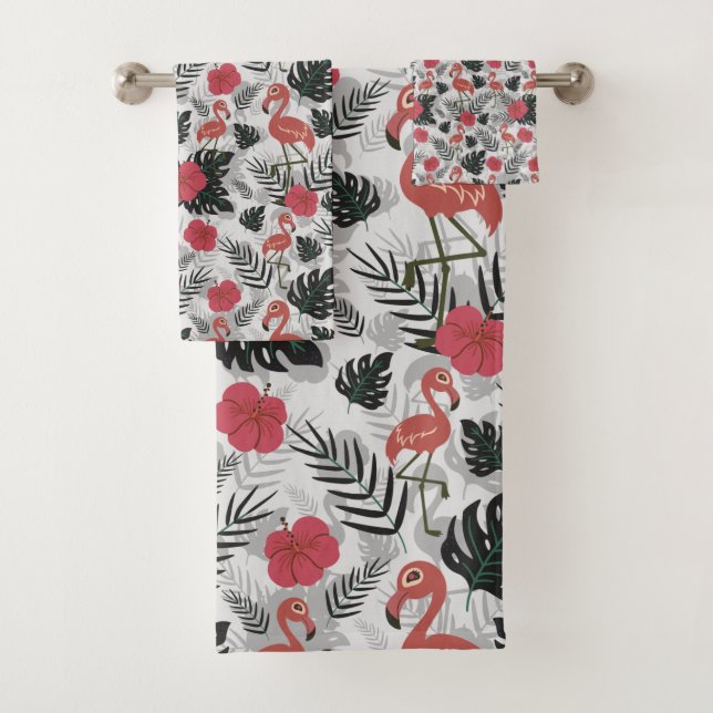 Flamingo seamless pattern with floral background bath towel set (Insitu)