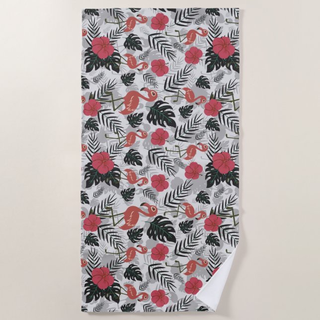 Flamingo seamless pattern with floral background beach towel (Front)