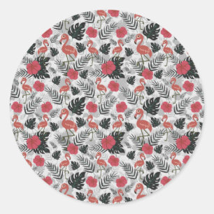 Flamingo seamless pattern with floral background classic round sticker