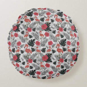 Flamingo seamless pattern with floral background round cushion