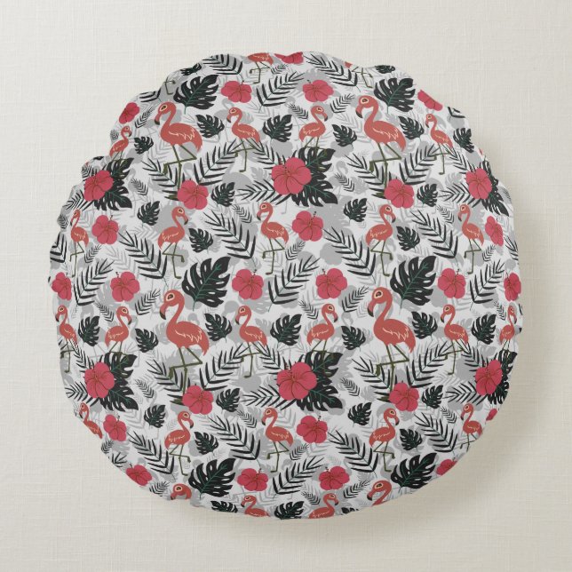 Flamingo seamless pattern with floral background round cushion (Front)