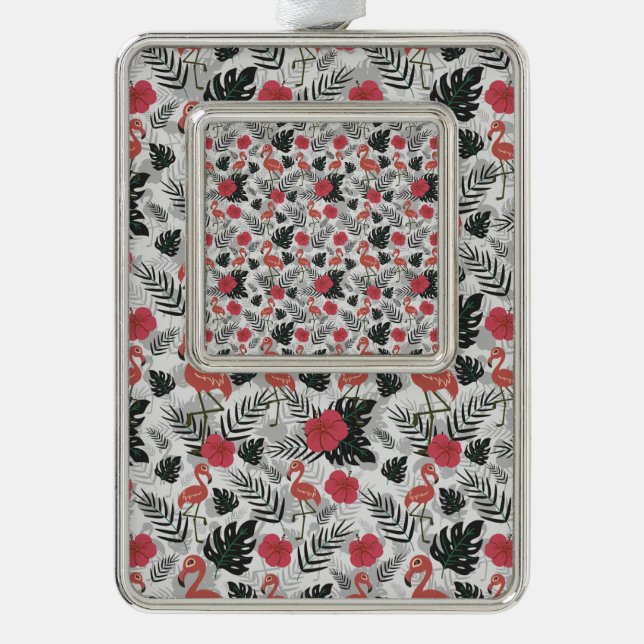 Flamingo seamless pattern with floral background silver plated framed ornament (Front)