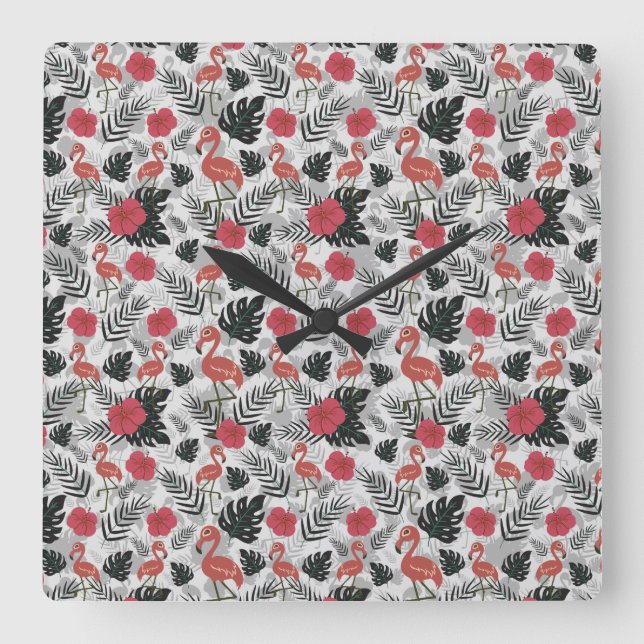 Flamingo seamless pattern with floral background square wall clock (Front)