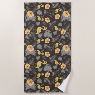 Flamingo seamless pattern with flowers and leaves beach towel