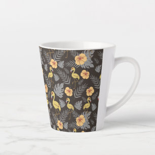 Flamingo seamless pattern with flowers and leaves latte mug