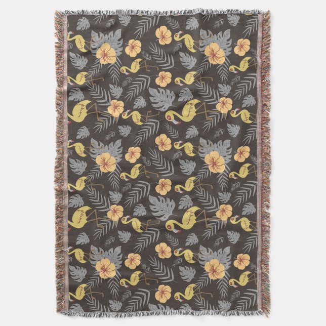 Flamingo seamless pattern with flowers and leaves throw blanket (Front Vertical)