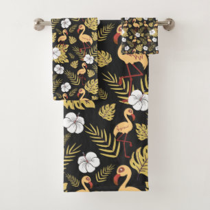 Flamingo seamless pattern yellow and white flowers bath towel set