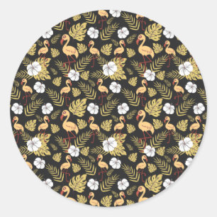 Flamingo seamless pattern yellow and white flowers classic round sticker