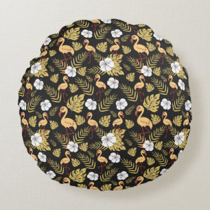 Flamingo seamless pattern yellow and white flowers round cushion