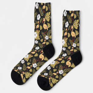Flamingo seamless pattern yellow and white flowers socks