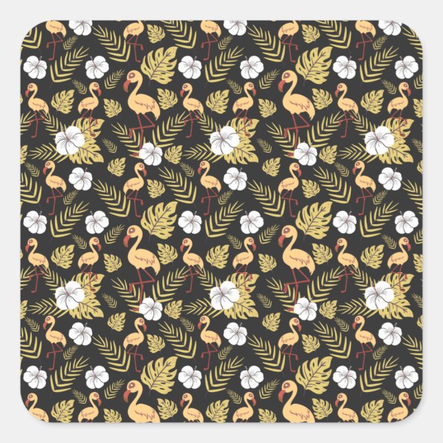 Flamingo seamless pattern yellow and white flowers square sticker (Front)