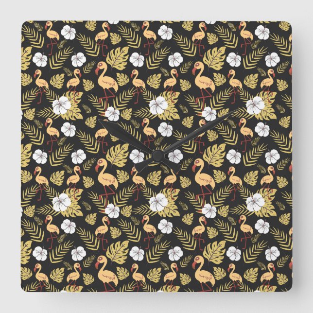 Flamingo seamless pattern yellow and white flowers square wall clock (Front)