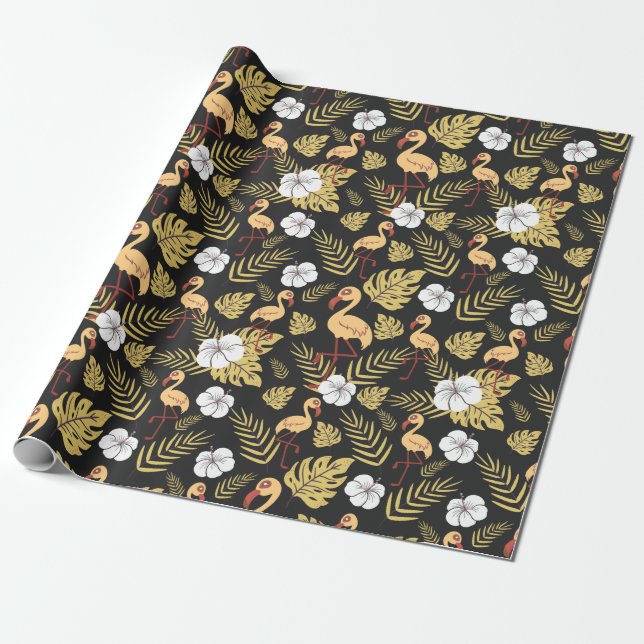 Flamingo seamless pattern yellow and white flowers wrapping paper (Unrolled)
