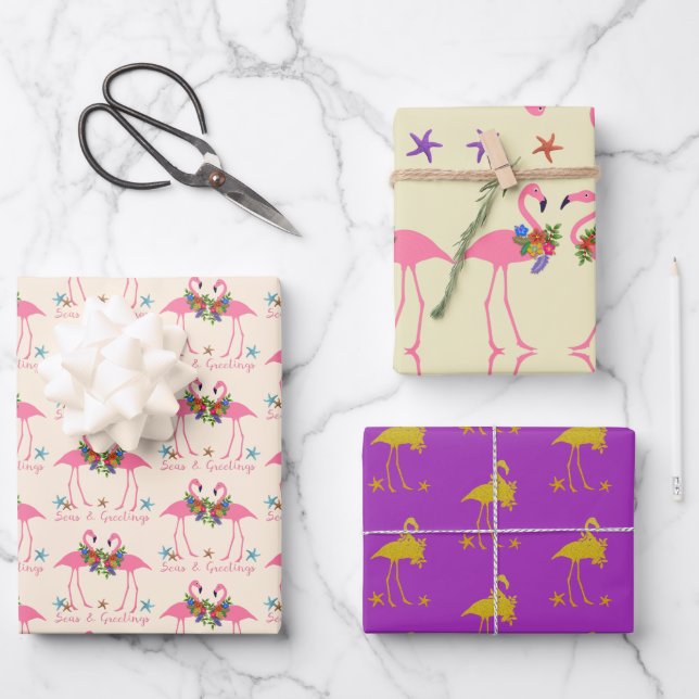Flamingo Seas and Greetings Christmas Wrapping Paper Sheet (Front)