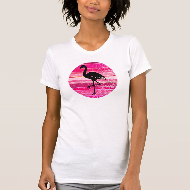 Flamingo Silhouette on Colourful Pink Stripes T-Shirt (Front)