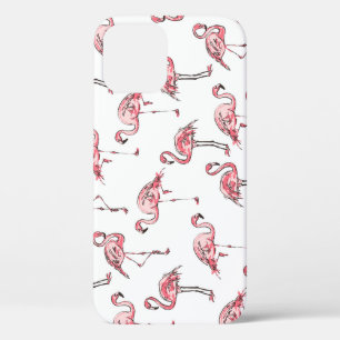 Flamingo Sketch: Tropical Vintage Pattern. iPhone 12 Case