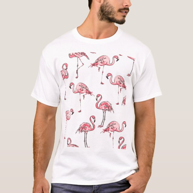 Flamingo Sketch: Tropical Vintage Pattern. T-Shirt (Front)