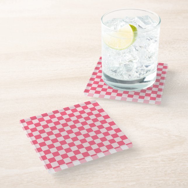 Flamingo sorbet checkerboard pattern glass coaster (Angled)
