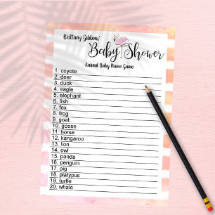 Flamingo Stripes Baby Shower Animal Baby Name Game Invitation