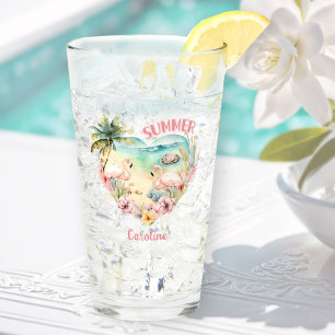 Flamingo Summer Beach Heart Tropical Pink Name Glass