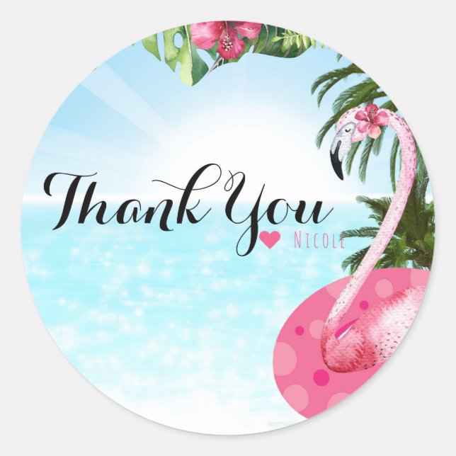 Flamingo Summer Birthday POOL PARTY Beach Classic Round Sticker (Front)