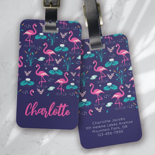 Flamingo Summer Blue Pink Monogram Luggage Tag (Creator Uploaded)