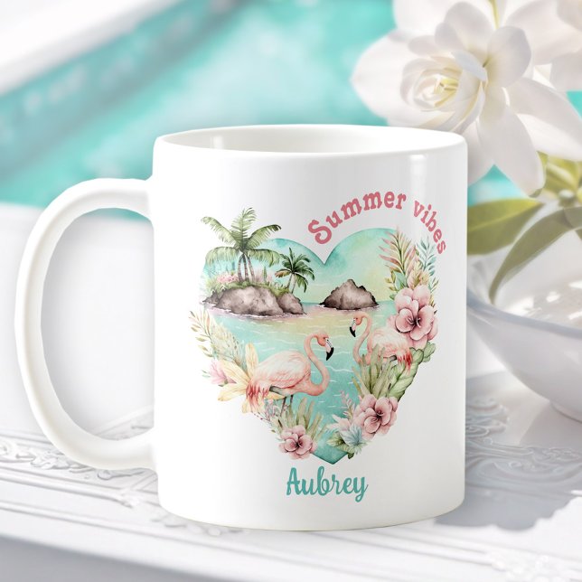 Flamingo Summer Heart Tropical Personalised Name  Coffee Mug (Flamingo Summer Heart Tropical Personalized Name Coffee Mug)