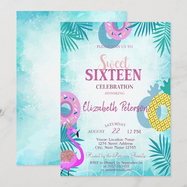 Flamingo Summer Pool  Sweet 16 Party Invitation (Front/Back)
