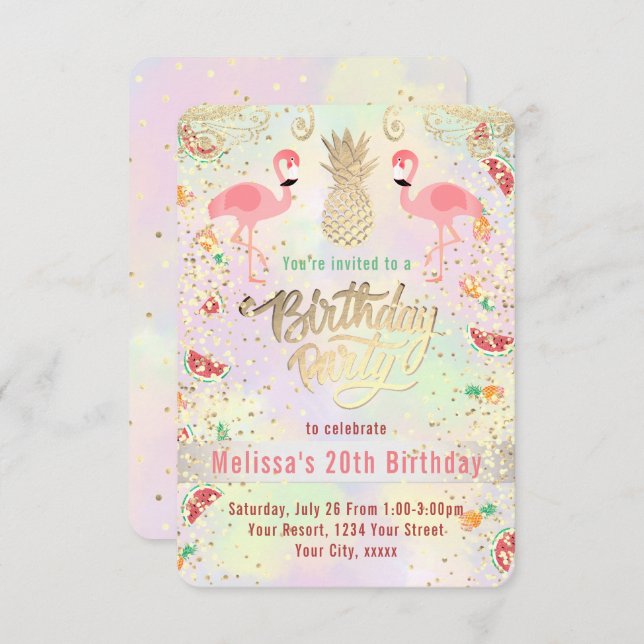 flamingo summer tropical birthday invitation (Front/Back)