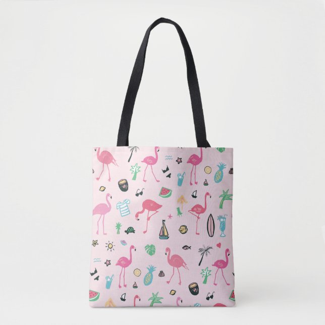 Flamingo Summer: Vibrant Bird Pattern Tote Bag (Front)